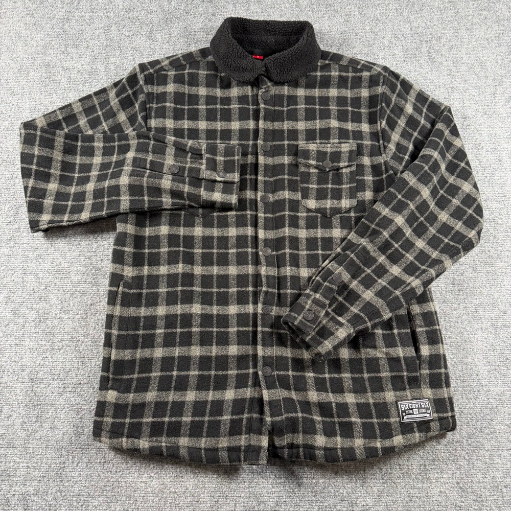 686 Parklan Shirt Jacket Mens L Black Grey Plaid Fleece Sherpa Collar Thermal 5